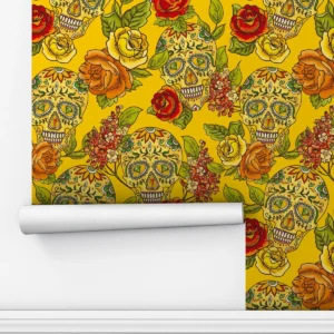 Papel De Parede Adesivo Amarelo Mexicana Caveira 12m