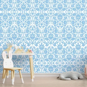 Papel De Parede Adesivo Arabesco Azul Fundo Branco 1m