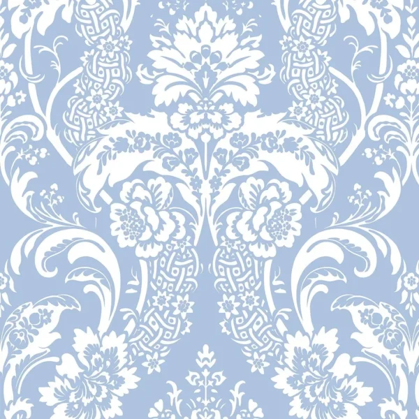 Papel De Parede Adesivo Arabesco Floral Azul E Branco - 12m