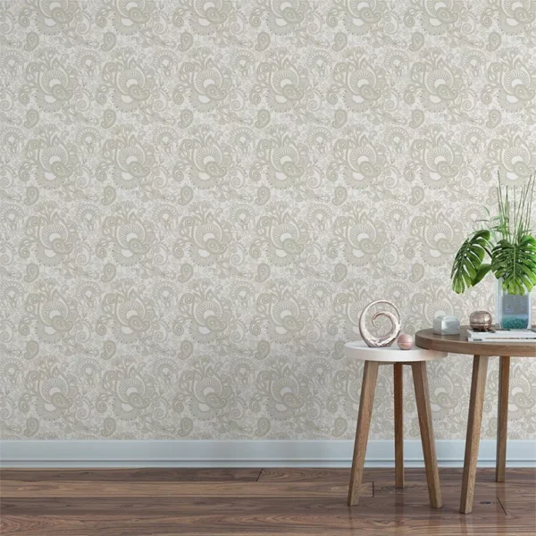 Papel De Parede Adesivo Arabesco Floral Bege Branco 10m