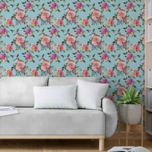 Papel De Parede Adesivo Azul Floral Rosas Vintage Fundo 3,5m