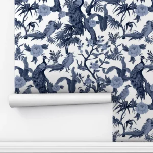 Papel De Parede Adesivo Azul Lavável Sala Pavão Floral 12m