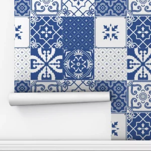 Papel De Parede Adesivo Azulejo Azul Português 10m