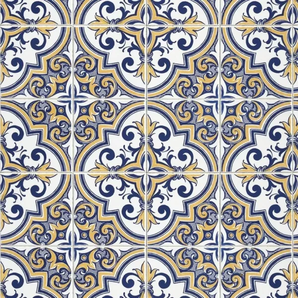 Papel De Parede Adesivo Azulejo Colonial Azul Branco Amarelo