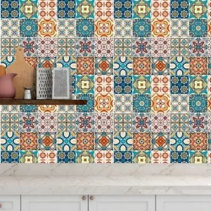 Papel De Parede Adesivo Azulejo Cozinha Azul E Laranja 3,50m