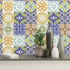 Papel De Parede Adesivo Azulejo Em Tons Amarelo E Azul 12m