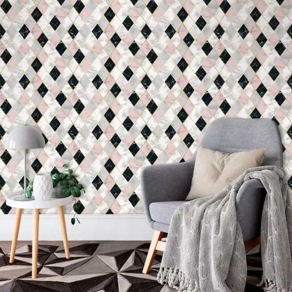 Papel De Parede Adesivo Azulejo Mármore Branco Rose E Preto