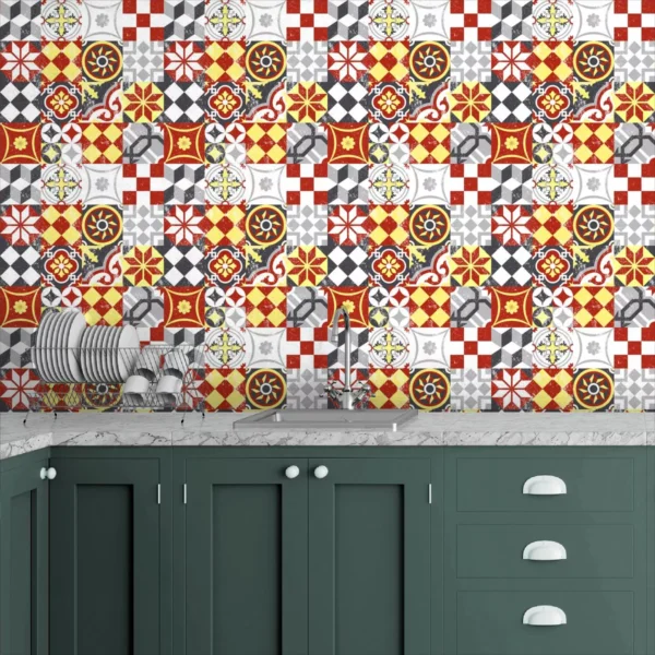 Papel De Parede Adesivo Azulejo Vermelho Português 2,5m