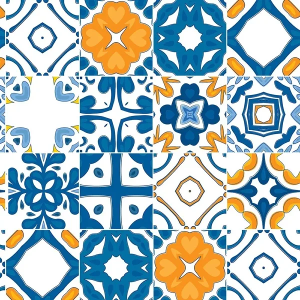 Papel De Parede Adesivo Azulejo Vinil Azul Laranja Branco 3m