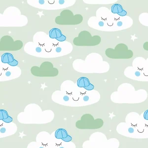 Papel De Parede Adesivo Bebê Menino Nuvens Com Fundo Verde