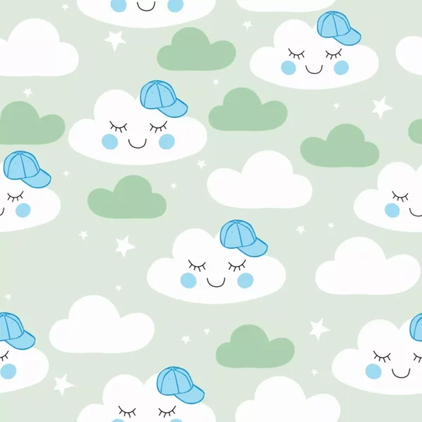 Papel De Parede Adesivo Bebê Menino Nuvens Fundo Verde