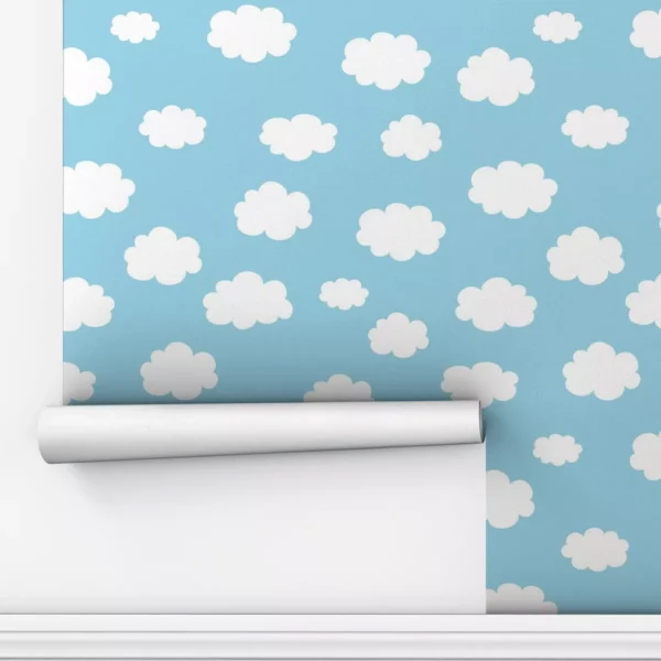 Papel De Parede Adesivo Bebe Nuvem Quarto Branco Azul 2,5m