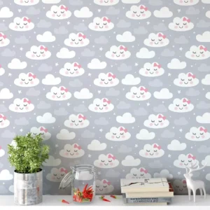 Papel De Parede Adesivo Bebê Nuvens Com Fundo Cinza