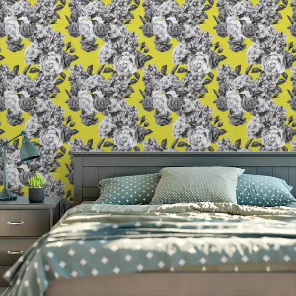 Papel De Parede Adesivo Branco Amarelo Preto Fundo Flor 2,5m