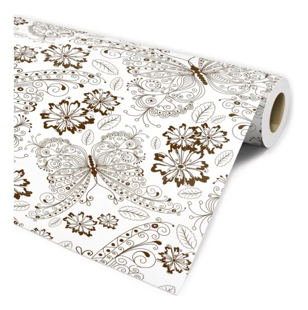 Papel De Parede Adesivo Branco Com Borboletas Marrom Flores