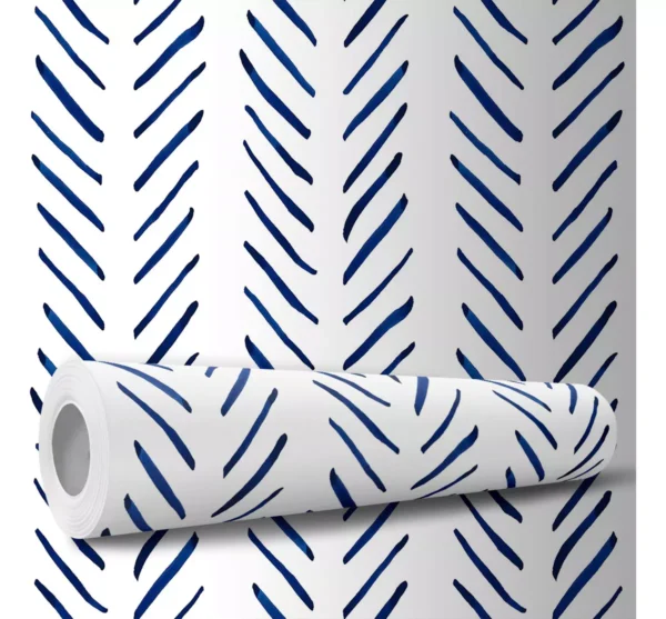 Papel De Parede Adesivo Branco Minimalista Azul Chevron 10m