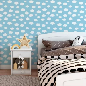 Papel De Parede Adesivo Branco Nuvem Quarto Azul Bebe 2m