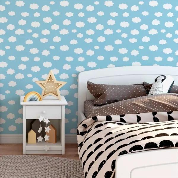 Papel De Parede Adesivo Branco Nuvem Quarto Azul Bebe 2m