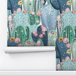 Papel De Parede Adesivo Cactos Sala Lavável Rosa Verde 2,5m