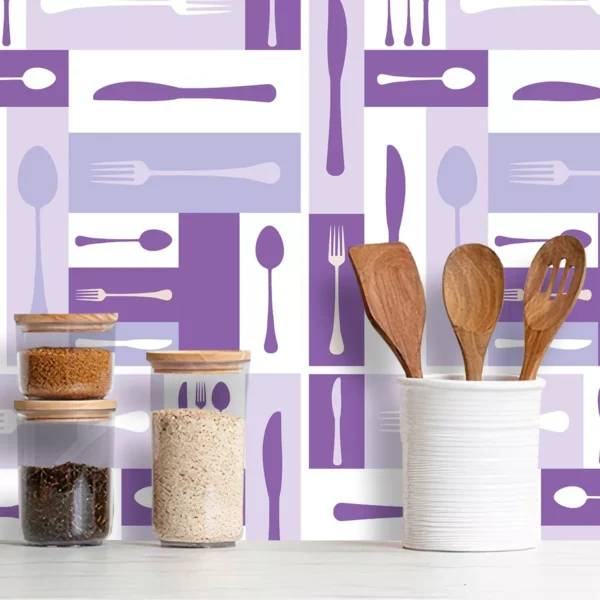 Papel De Parede Adesivo Casual Cozinha Talheres Roxo 2,50m