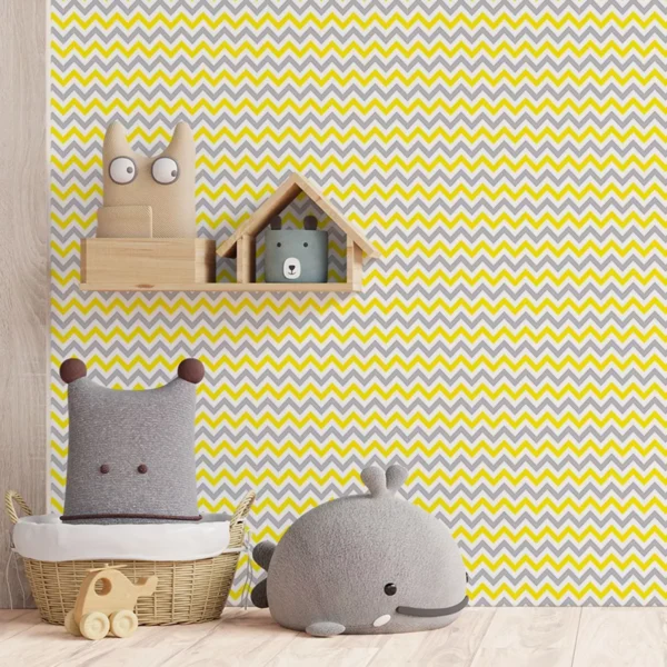 Papel De Parede Adesivo Chevron Infantil Amarelo Cinza 2,5m