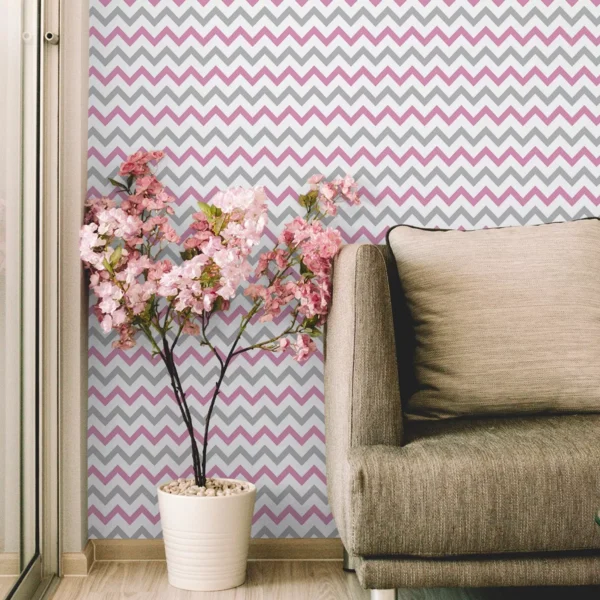 Papel De Parede Adesivo Chevron Menina Tons Rosa E Cinza 5m