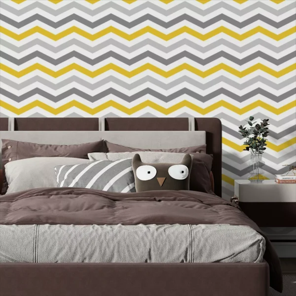 Papel De Parede Adesivo Cinza Amarelo Chevron Listras 3,5m