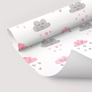 Papel De Parede Adesivo Cinza Fofo Rosa Nuvem 10m