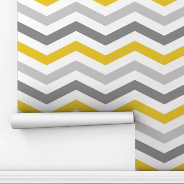 Papel De Parede Adesivo Cinza Listras Chevron Amarelo 2,5m