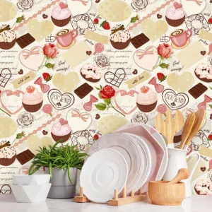 Papel De Parede Adesivo Cozinha Café Doces Fundo Bege 10m