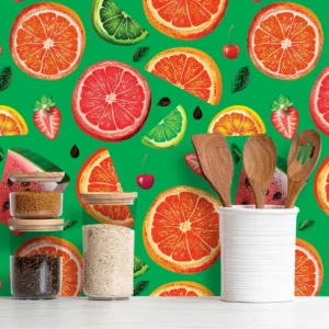 Papel De Parede Adesivo Cozinha Com Frutas E Fundo Verde 5m