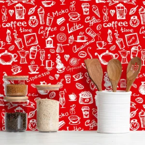 Papel De Parede Adesivo Cozinha Hora Do Café Em Vermelho 1m