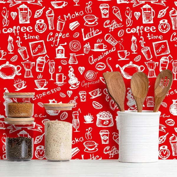 Papel De Parede Adesivo Cozinha Hora Do Café Em Vermelho 1m