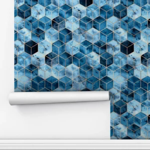 Papel De Parede Adesivo Cubos Geométrico Dourados Azul 5m