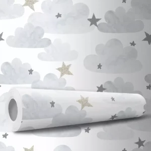 Papel De Parede Adesivo Delicado Nuvens Infantil Estrelas 1m