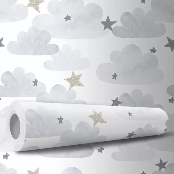 Papel De Parede Adesivo Delicado Nuvens Infantil Estrelas 1m