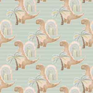 Papel De Parede Adesivo Dinossauro Coqueiro Fundo Verde 12m