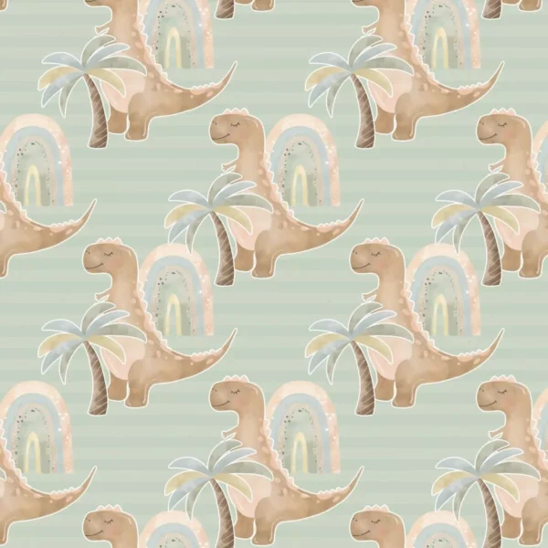 Papel De Parede Adesivo Dinossauro Coqueiro Fundo Verde 12m