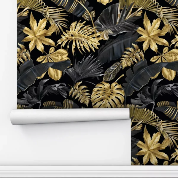 Papel De Parede Adesivo Dourado Gold Planta Sala Folhas 5m