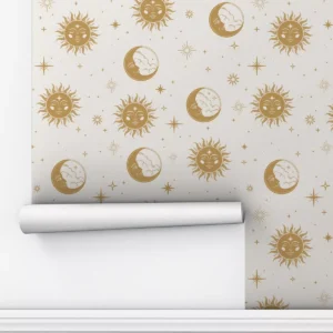 Papel De Parede Adesivo Dourado Sol Lavável Sala Lua 12m