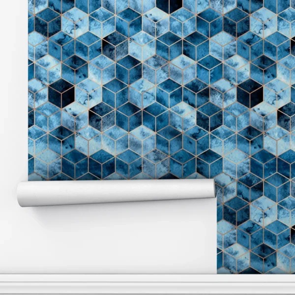 Papel De Parede Adesivo Dourados Geométrico Azul Cubos 2,5m