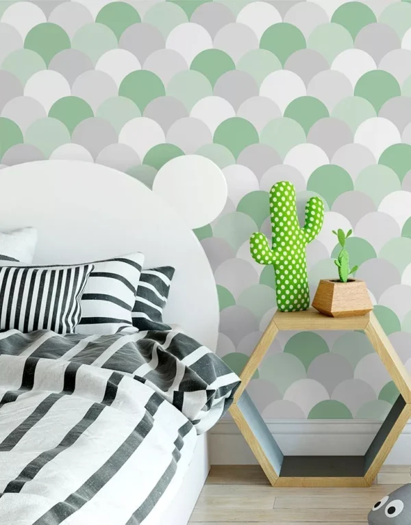 Papel De Parede Adesivo Escamas Verde E Cinza Quarto