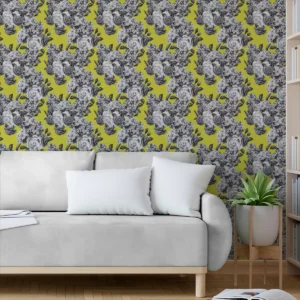 Papel De Parede Adesivo Flor Amarelo Branco Fundo Preto 3,5m