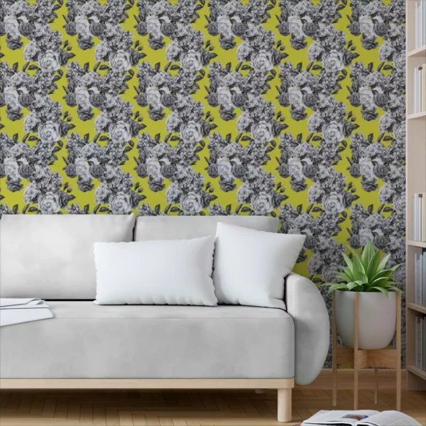 Papel De Parede Adesivo Flor Amarelo Branco Fundo Preto 3,5m