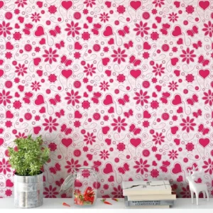 Papel De Parede Adesivo Floral Com Detalhes Coração Rosa