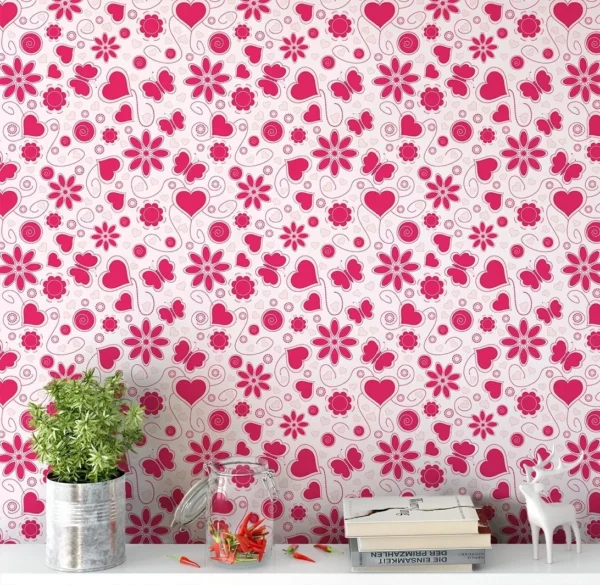 Papel De Parede Adesivo Floral Com Detalhes Coração Rosa