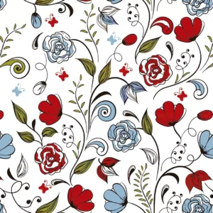 Papel De Parede Adesivo Floral Delicado Azul Vermelho - 10m