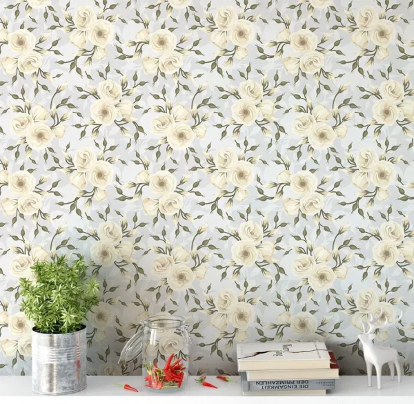 Papel De Parede Adesivo Floral Fundo Off White E Amarelo