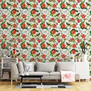 Papel De Parede Adesivo Floral Hibísco Vermelho Pássaros