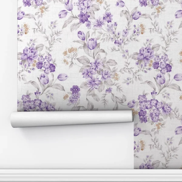 Papel De Parede Adesivo Floral Lavanda Sala Roxo Elegante 5m